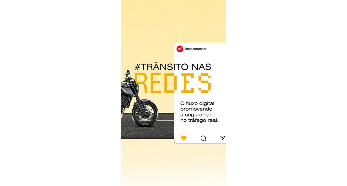 Stories para Instagram com motocicleta, placa de siga a frente e frase "trânsito nas redes - o fluxo digital promovendo a segurança no tráfego real"