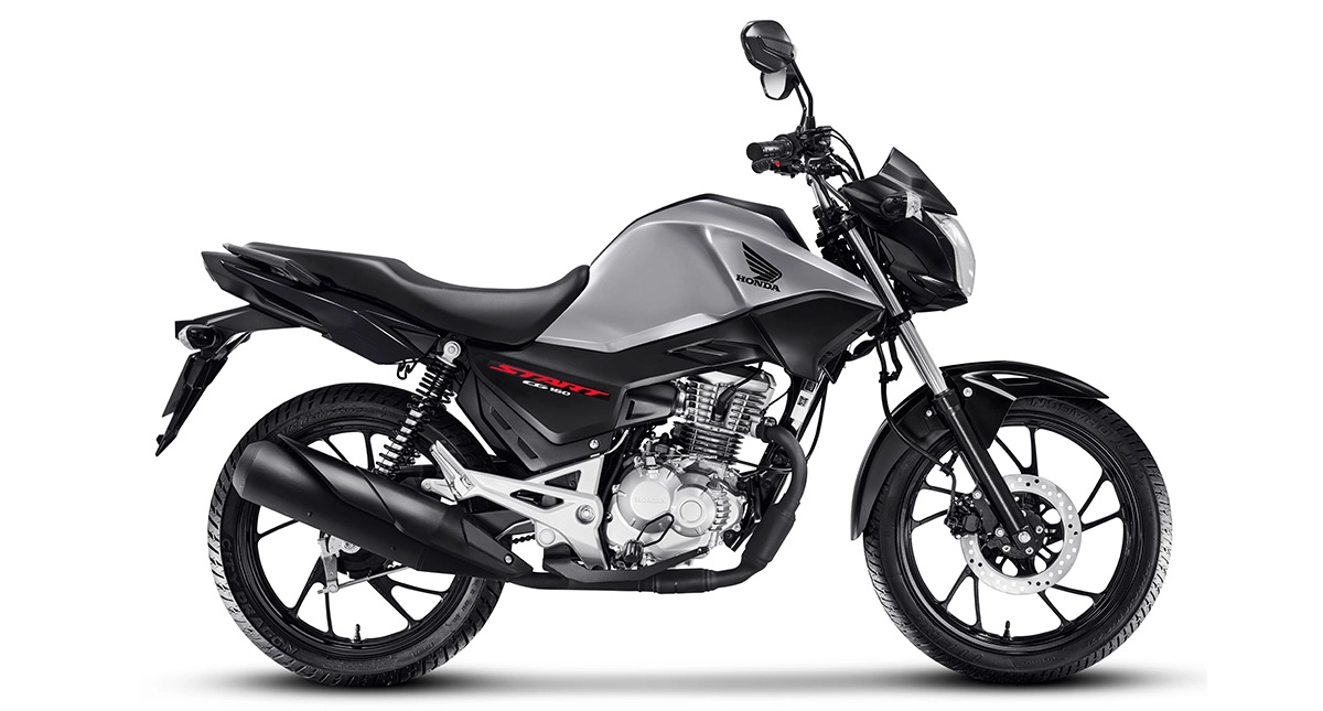 Lateral da nova motocicleta Honda CG Start em prata e preto